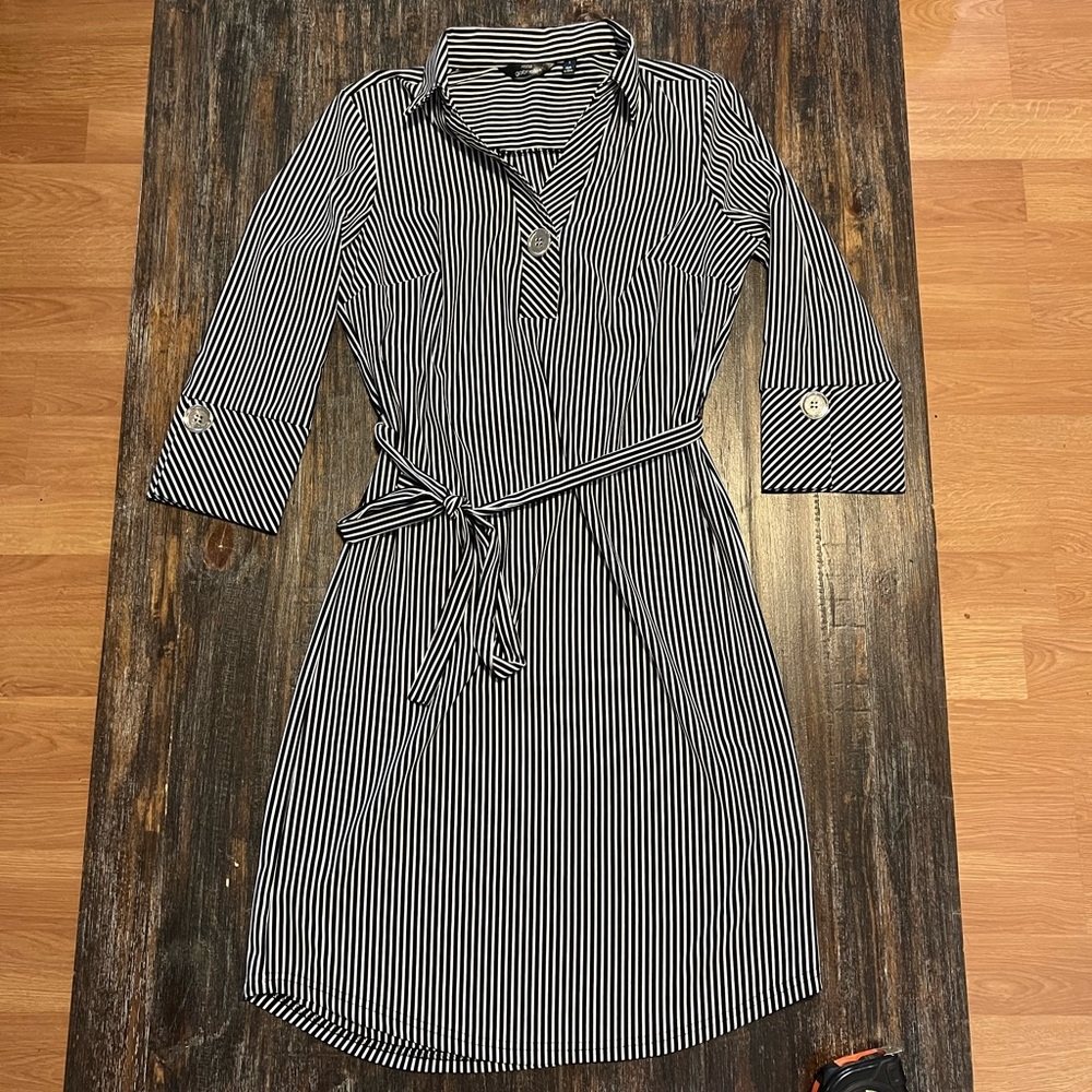 Mlle Gabrielle Black and White Striped Long Sleeve Dress